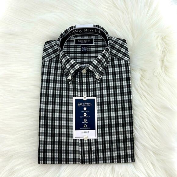 Club Room Performance Slim Fit Long Sleeve - Black/White Plaid - Small - NWT - Picture 1 of 5